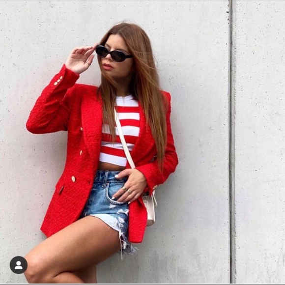 👸🏻 Zara Red Textured Double Breasted Blazer NWT - Picture 16 of 17
